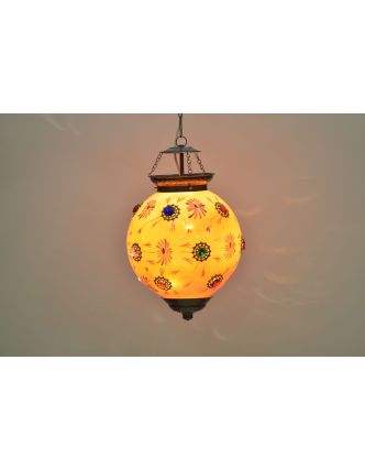 Kulatá skleněná lampa zdobená barevnými kameny, oranžová, ruční práce, 25x35cm