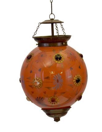 Kulatá skleněná lampa zdobená barevnými kameny, oranžová, ruční práce, 25x35cm