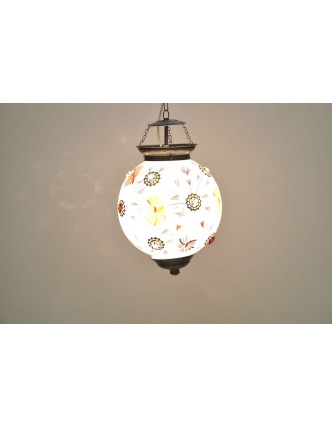 Kulatá skleněná lampa zdobená barevnými kameny, bílá, ruční práce, 25x35cm