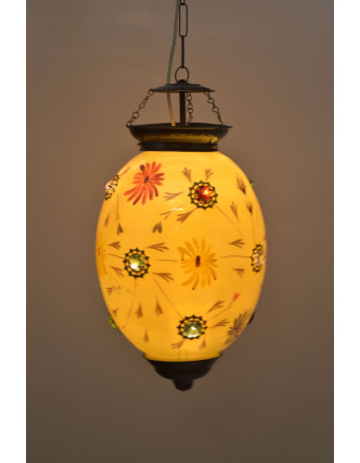 Oválná skleněná lampa zdobená barevnými kameny, žlutá, 25x25x35cm