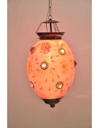 Oválná skleněná lampa zdobená barevnými kameny, růžová, 25x25x35cm