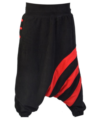 Černo červené fleecové turecké kalhoty s pruhy, kapsa a knoflíky