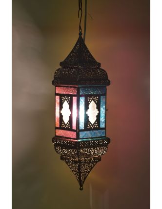 Arabská lampa, multibarevná, mosazná patina, sklo, ruční práce, 13x13x50cm