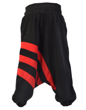 Černo červené fleecové turecké kalhoty s pruhy, kapsa a knoflíky