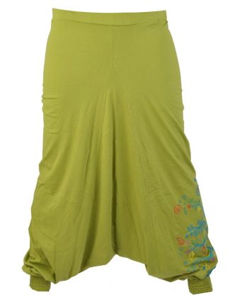 Zelené turecké kalhoty "Tree design", výšivka a potisk, elastický pas