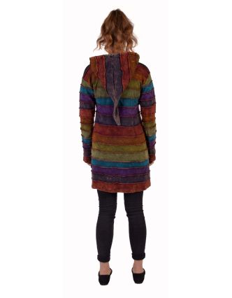 Prodloužená barevná mikina s kapucí, stone wash a rainbow design zip, kapsy