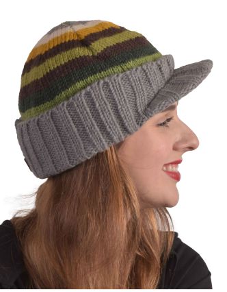 Čepice, Visor cap, kšilt, vlna, podšívka, pruhy zelené, hnědé, žluté
