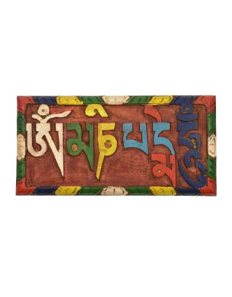 Dřevěná Tabulka s nápisem Om Mani Padme Hum, barevně malovaný, 22x11cm