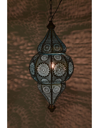 Kovová lampa v orientálním stylu, zlatá barva, uvnitř tyrkysová, 22x52cm