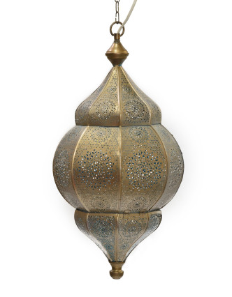 Kovová lampa v orientálním stylu, měděná barva, uvnitř tyrkysová, 34x52cm