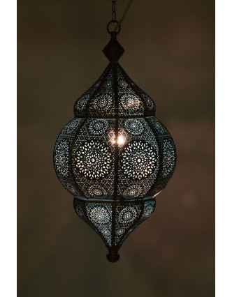 Kovová lampa v orientálním stylu, měděná barva, uvnitř tyrkysová, 34x52cm