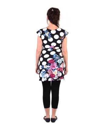 Krátké černé šaty s krátkým rukávkem, s potiskem "Dots & Flower"
