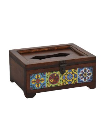 Dřevěná krabice na kapesníky zdobená keramickými dleždicemi, 22x16x10cm