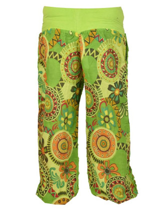 Dlouhé zelené balonové kalhoty "Patchwork design", elastický pas