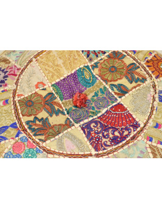 Taburet, Rajasthan, patchwork, Ari bohatá výšivka, béžový podklad, 56x56x31cm