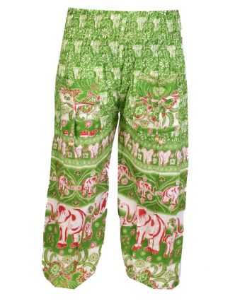 Dlouhé zelené balonové kalhoty "Elephant design", žabičkování