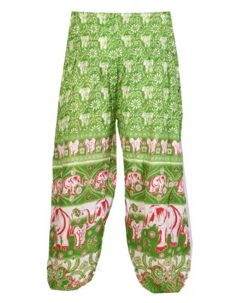 Dlouhé zelené balonové kalhoty "Elephant design", žabičkování