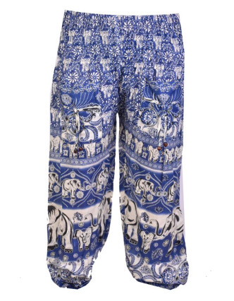 Dlouhé modré balonové kalhoty "Elephant design", žabičkování