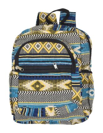 Batoh s Azteckým vzorem na zip modro-žlutý s kapsami, nastavitelné popruhy
