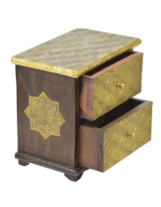 Dřevěná skříňka s mosazným kováním, 2 šuplíky, 21x13x21cm
