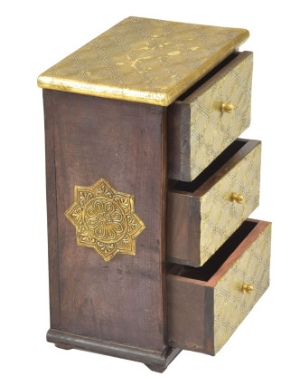 Dřevěná skříňka s mosazným kováním, 3 šuplíky, 21x13x29cm