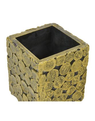 Dřevěná krabička na tužky zdobená mincemi, 10x10x13cm