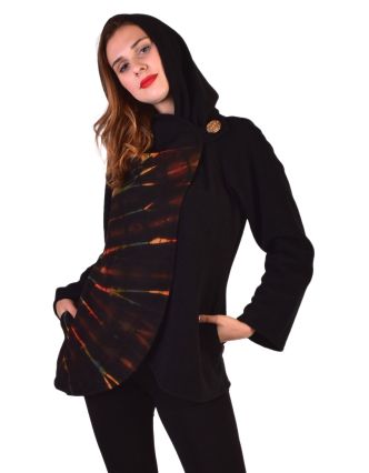 Černý fleecový kabát s kapucí zapínání na knoflík, dvě kapsy, batika