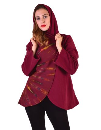 Vínový fleecový kabát s kapucí zapínání na knoflík, dvě kapsy, batika