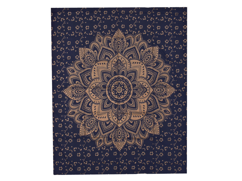 Přehoz ma postel s tiskem, Mandala, modro-zlatý, 220x200 cm