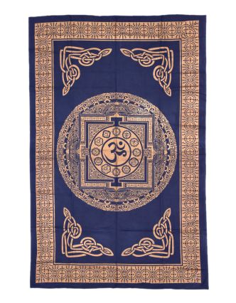 Přehoz s tiskem, Mandala, modro-zlatý, 136x200 cm