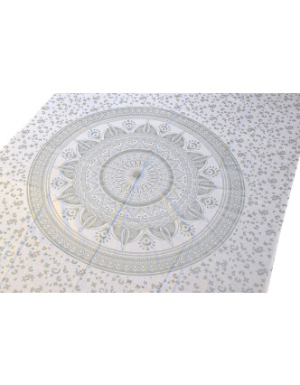 Přehoz na postel s ručním tiskem, Mandala, bílo-stříbrná 210x150cm