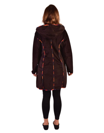 Hnědý manžestrový kabátek s kapucí, oranžové lemování, tři kapsy, bez podšívky