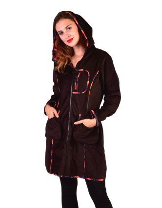 Hnědý manžestrový kabátek s kapucí, oranžové lemování, tři kapsy, bez podšívky