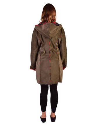 Khaki manžestrový kabátek s kapucí, červené lemování, tři kapsy, bez podšívky