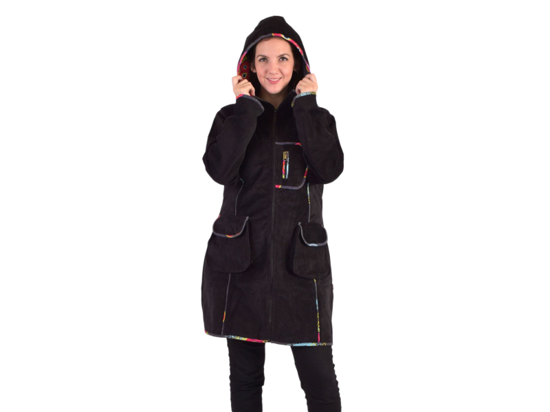 Černý manžestrový kabátek s kapucí, barevné lemování, tři kapsy, bez podšívky