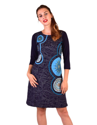 Krátké šaty s 3/4 rukávem, modré, potisk a výšivka Mandal, kulatý výstřih