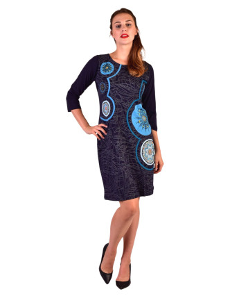 Krátké šaty s 3/4 rukávem, modré, potisk a výšivka Mandal, kulatý výstřih
