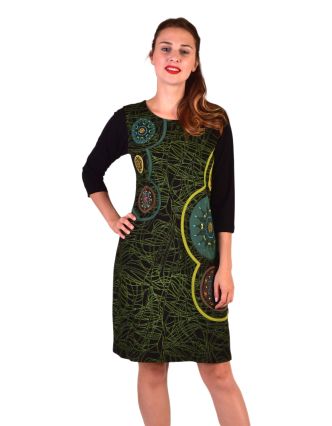 Krátké šaty s 3/4 rukávem, černo-zelené, potisk a výšivka Mandal, kulatý výstřih