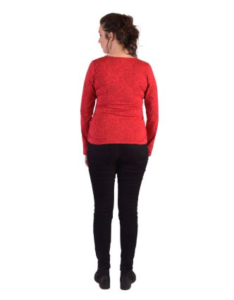 Tričko s dlouhým rukávem, potisk a výšivka, V výstřih, červené