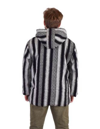 Unisex nepálská ghari bunda s kapucí, černobílá, podšívka, zapínání na zip