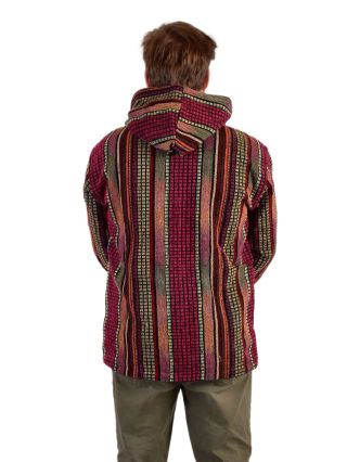 Unisex nepálská ghari bunda s kapucí, červená, podšívka fleece, zapínání na zip
