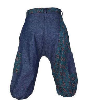 Modré tříčtvrteční turecké kalhoty s potiskem, zip a knoflík