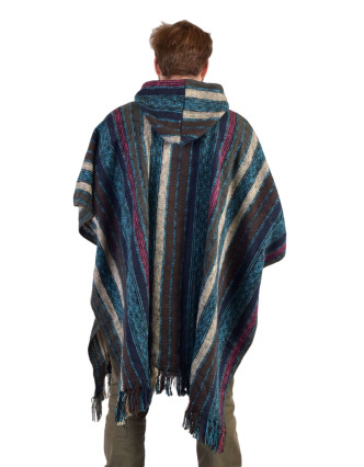 Tibetské pončo z česané bavlny, kapsy, kapuca, modré