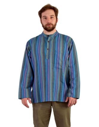 Pruhovaná pánská košile-kurta s dlouhým rukávem a kapsičkou, modro-fialová