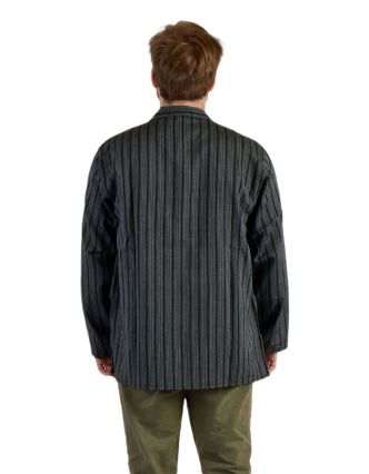 Pruhovaná pánská košile-kurta s dlouhým rukávema kapsičkou, černo šedá