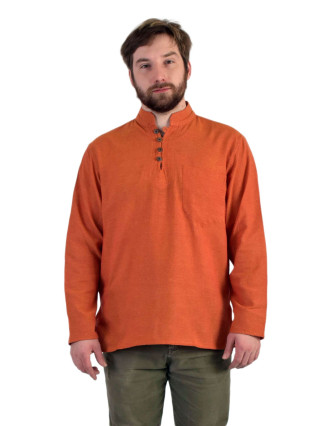 Jednobarevná pánská košile-kurta s dlouhým rukávem a kapsičkou, oranžová