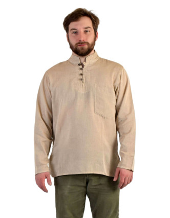 Jednobarevná pánská košile-kurta s dlouhým rukávem a kapsičkou, béžová