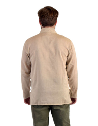 Jednobarevná pánská košile-kurta s dlouhým rukávem a kapsičkou, béžová