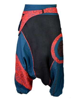 Černo-červeno-modré turecké kalhoty, "Steampunk design", opasek s kapsou, zip
