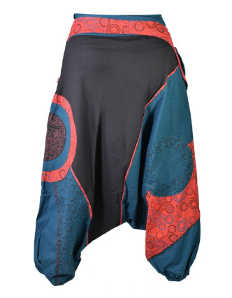 Černo-červeno-modré turecké kalhoty, "Steampunk design", opasek s kapsou, zip